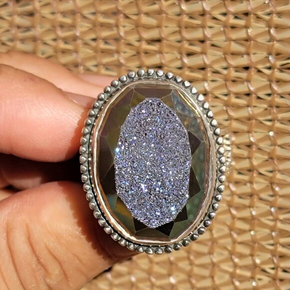 Designer Colleen Lopez purple flashy druzy 925 sterling silver heavy ring adjust - Picture 7 of 16